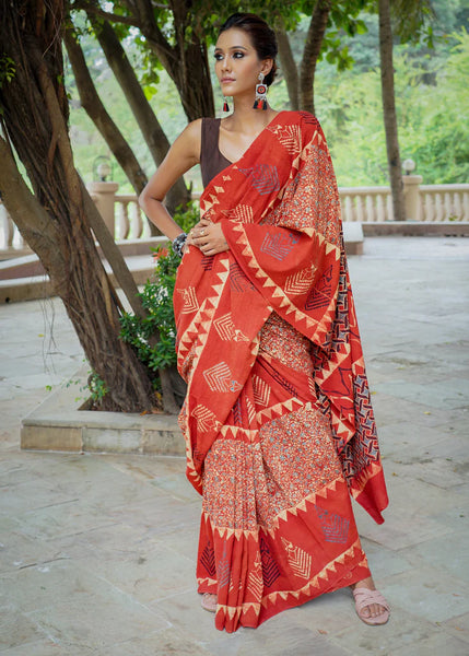 DESIGNER RED COTTON AJRAKH SAREE