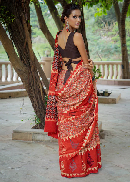 DESIGNER RED COTTON AJRAKH SAREE