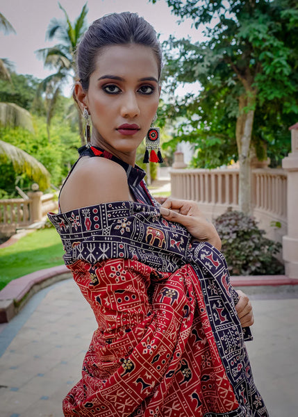AJRAKH COTTON ANIMAL PRINT MAROON & BLACK SAREE