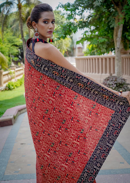 AJRAKH COTTON ANIMAL PRINT MAROON & BLACK SAREE