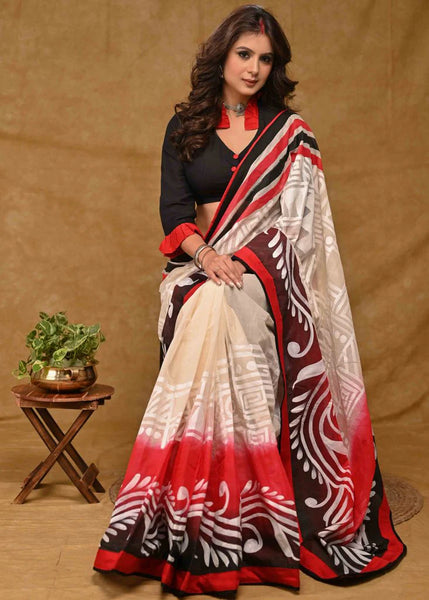 CREAM COTTON SAREE WITH BEAUTIFUL RED AND BLACK ALPANA PAINTING