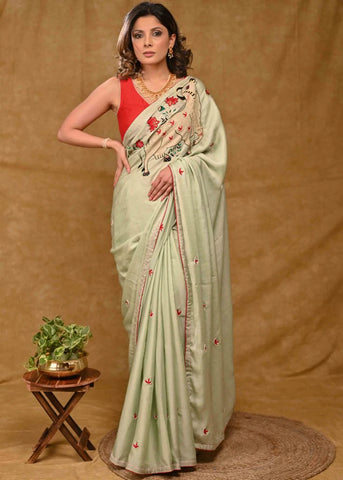 Chinnon Green Saree With Delicate Pichwai Cow Embroidery