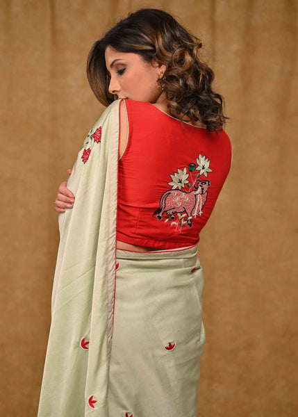 Chinnon Green Saree With Delicate Pichwai Cow Embroidery