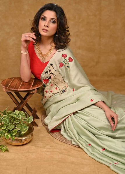 Chinnon Green Saree With Delicate Pichwai Cow Embroidery