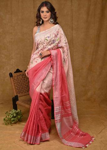 PINK LINEN SAREE WITH HAND EMBROIDERY AND ZARI BORDER