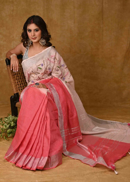 PINK LINEN SAREE WITH HAND EMBROIDERY AND ZARI BORDER