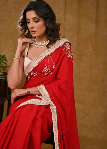 Designer Red Chiffon Saree With Intricate Moti Work And White Border