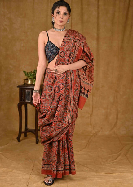 MUGHAL BLOCK PRINTED MAROON COTTON AJRAKH SAREE