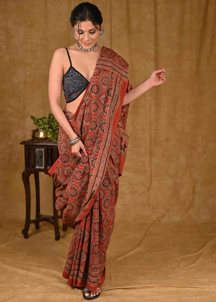 MUGHAL BLOCK PRINTED MAROON COTTON AJRAKH SAREE