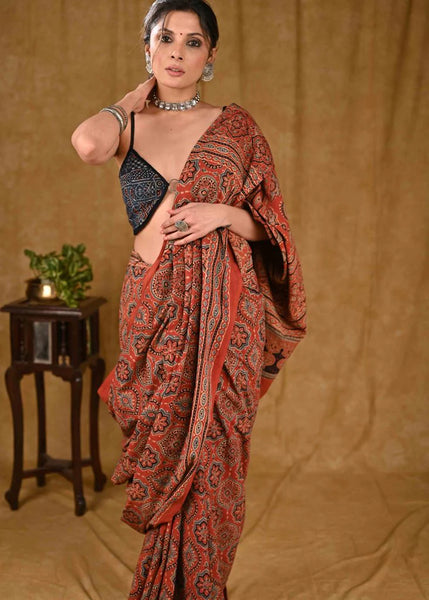 MUGHAL BLOCK PRINTED MAROON COTTON AJRAKH SAREE