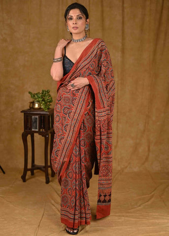 MUGHAL BLOCK PRINTED MAROON COTTON AJRAKH SAREE