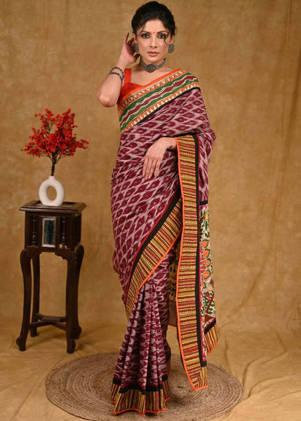 Maroon Ikkat Saree with Elegant Madhubani Pallu and Line Ikkat Border