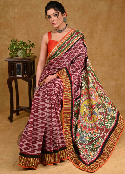 Maroon Ikkat Saree with Elegant Madhubani Pallu and Line Ikkat Border