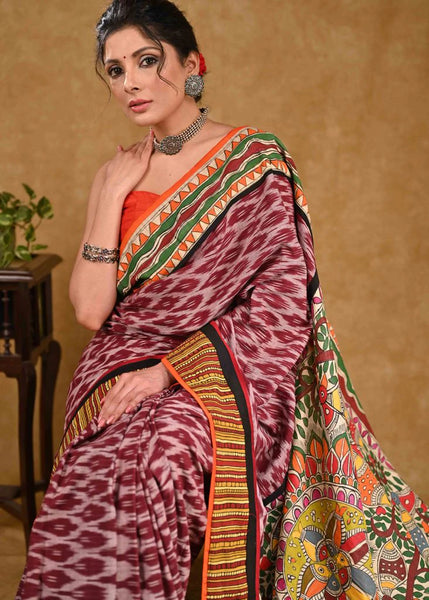 Maroon Ikkat Saree with Elegant Madhubani Pallu and Line Ikkat Border