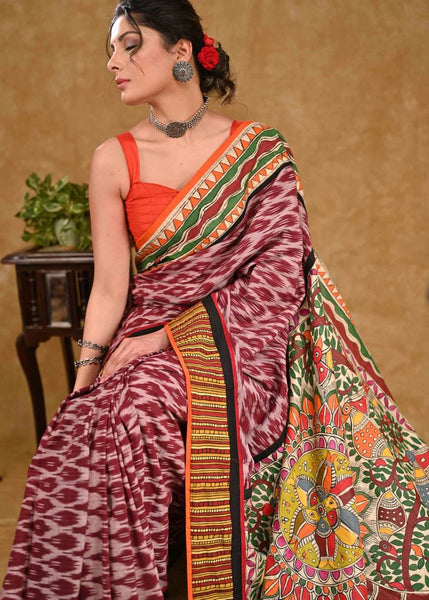 Maroon Ikkat Saree with Elegant Madhubani Pallu and Line Ikkat Border