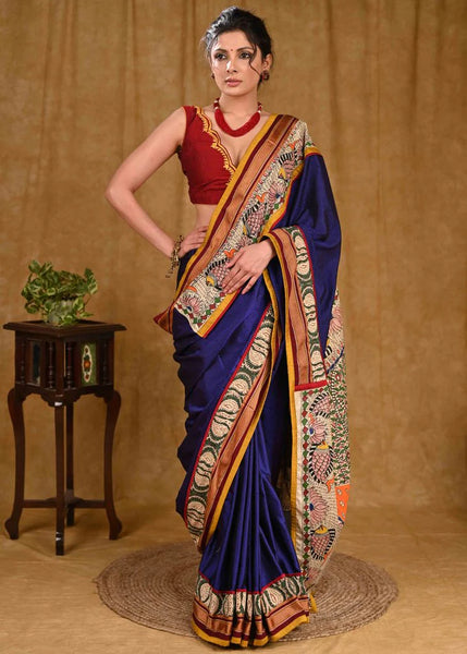 BLUE KHUN SAREE WITH MADHUBANI PAINTING