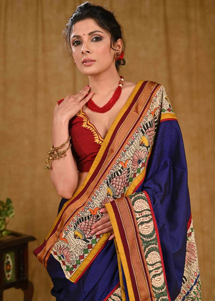 BLUE KHUN SAREE WITH MADHUBANI PAINTING
