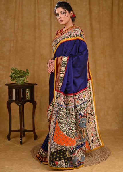 BLUE KHUN SAREE WITH MADHUBANI PAINTING