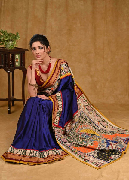 BLUE KHUN SAREE WITH MADHUBANI PAINTING