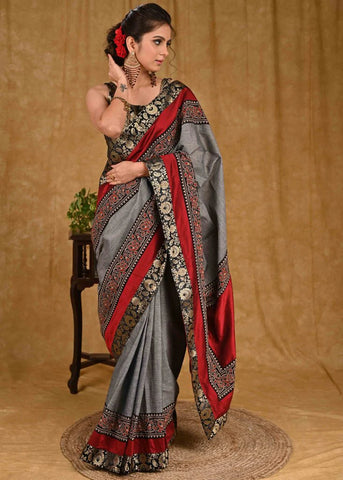 GREY COTTON SAREE WITH MARRON COTTON SILK AND BENARASI COMBINATION BORDER