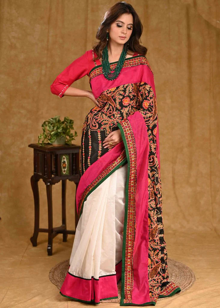 OFF-WHITE CHANDERI SAREE WITH HEAVY EMBROIDERY PALLU AND PINK BORDER