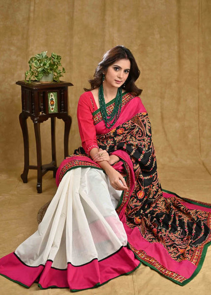 OFF-WHITE CHANDERI SAREE WITH HEAVY EMBROIDERY PALLU AND PINK BORDER