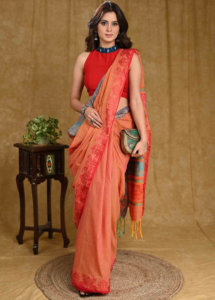 ORANGE ORGANIC COTTON JAMDANI SAREE