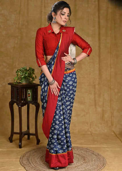 BLUE RAYON SAREE WITH KALAMKARI PALLU AND MAROON COTTON SILK BORDER