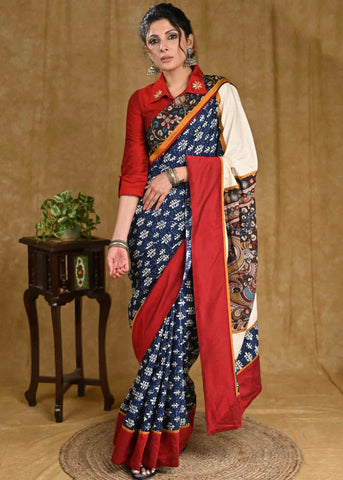 BLUE RAYON SAREE WITH KALAMKARI PALLU AND MAROON COTTON SILK BORDER