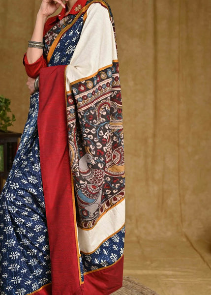 BLUE RAYON SAREE WITH KALAMKARI PALLU AND MAROON COTTON SILK BORDER