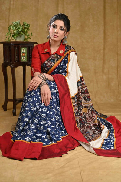 BLUE RAYON SAREE WITH KALAMKARI PALLU AND MAROON COTTON SILK BORDER