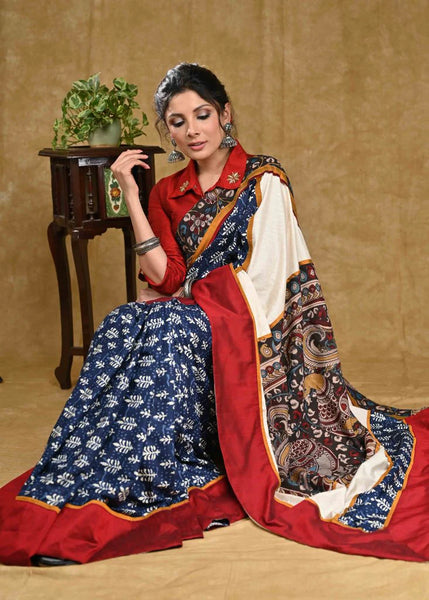BLUE RAYON SAREE WITH KALAMKARI PALLU AND MAROON COTTON SILK BORDER