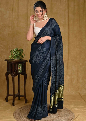 ROYAL BLUE AJRAKH PRINT MODAL SAREE