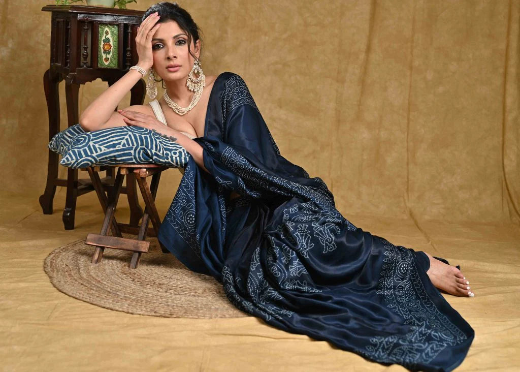 ROYAL BLUE AJRAKH PRINT MODAL SAREE