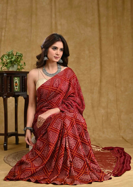 MAROON AJRAKH PRINT MODAL SAREE