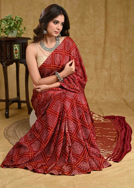 MAROON AJRAKH PRINT MODAL SAREE