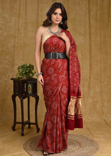 MAROON AJRAKH PRINT MODAL SAREE