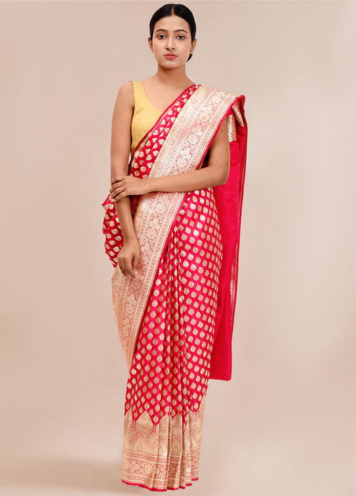 Hot Pink/Rani Pink and Gold Banarasi Silk Saree