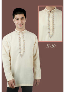 Off White Colored Embroidered Cotton Mens Short Kurta