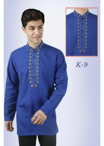 Navy Blue Colored Embroidered Cotton Mens Short Kurta