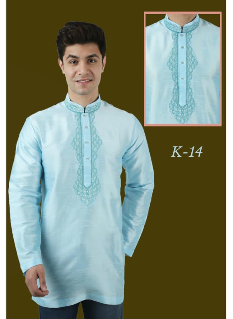 Sky Blue Colored Embroidered Dupion Raw Silk with Hand and Machine Work Mens Short Kurta