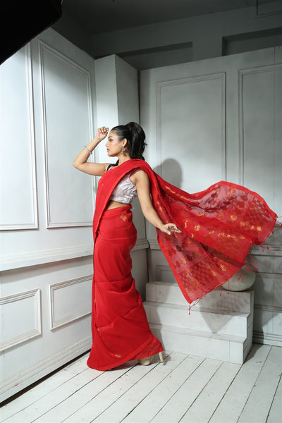 Red Organic Linen Jamdani with Jacquard Work and Pallu