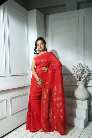 Red Organic Linen Jamdani with Jacquard Work and Pallu