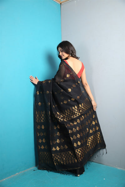 Black Organic Linen Jamdani with Jacquard  Work and Pallu