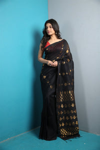 Black Organic Linen Jamdani with Jacquard  Work and Pallu