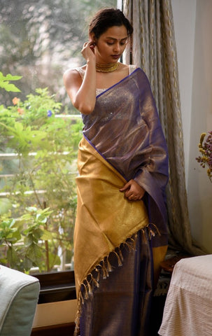 Iridicent Purple Grey Zari Tissue Linen Saree