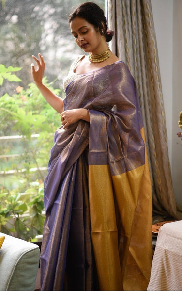 Iridicent Purple Grey Zari Tissue Linen Saree