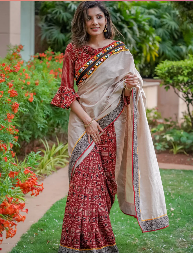 AJRAKH COTTON SAREE WITH KUTCH MIRROR WORK BORDER