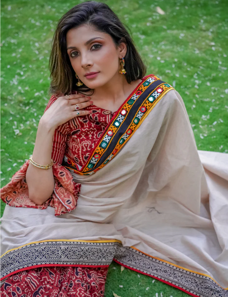 AJRAKH COTTON SAREE WITH KUTCH MIRROR WORK BORDER