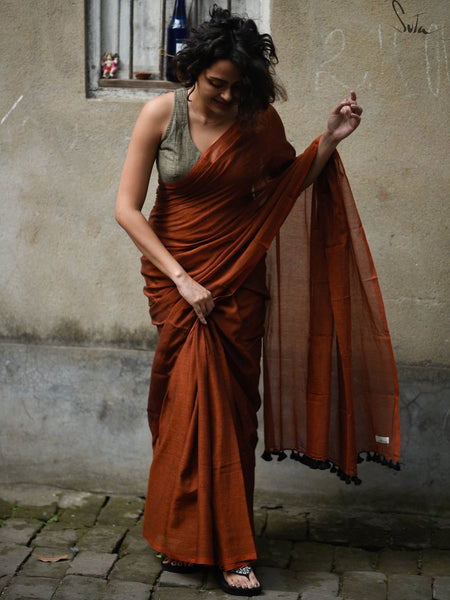 Rust Colored Mul Cotton Saree